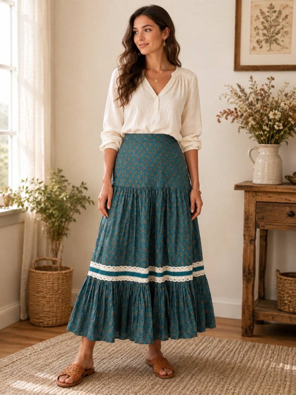 Luna Moon Tiered Maxi Skirt Teal Orange Floral‎ Lace Trim Boho Festival Sz M
